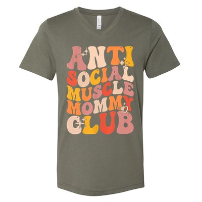 Anti Social Muscle Mommy Club Groovy Funny V-Neck T-Shirt