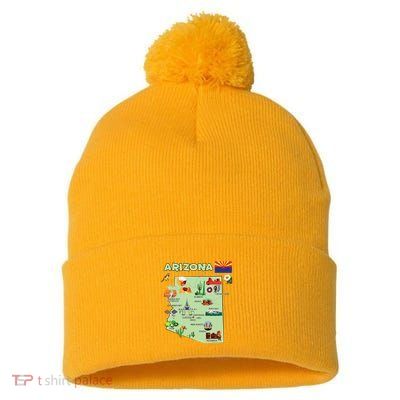 Arizona State Map Us Tourist Attractions Cities Flag Pom Pom 12in Knit Beanie