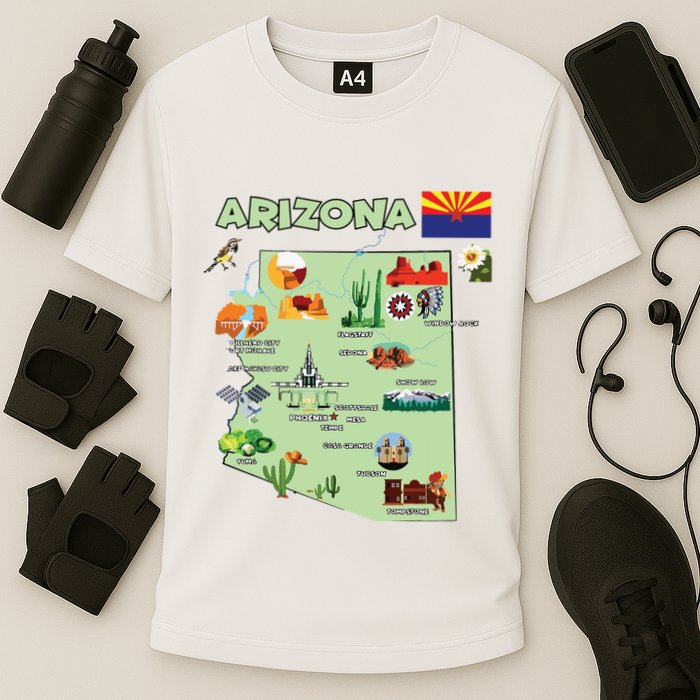Arizona State Map Us Tourist Attractions Cities Flag Cooling Performance Crew T-Shirt