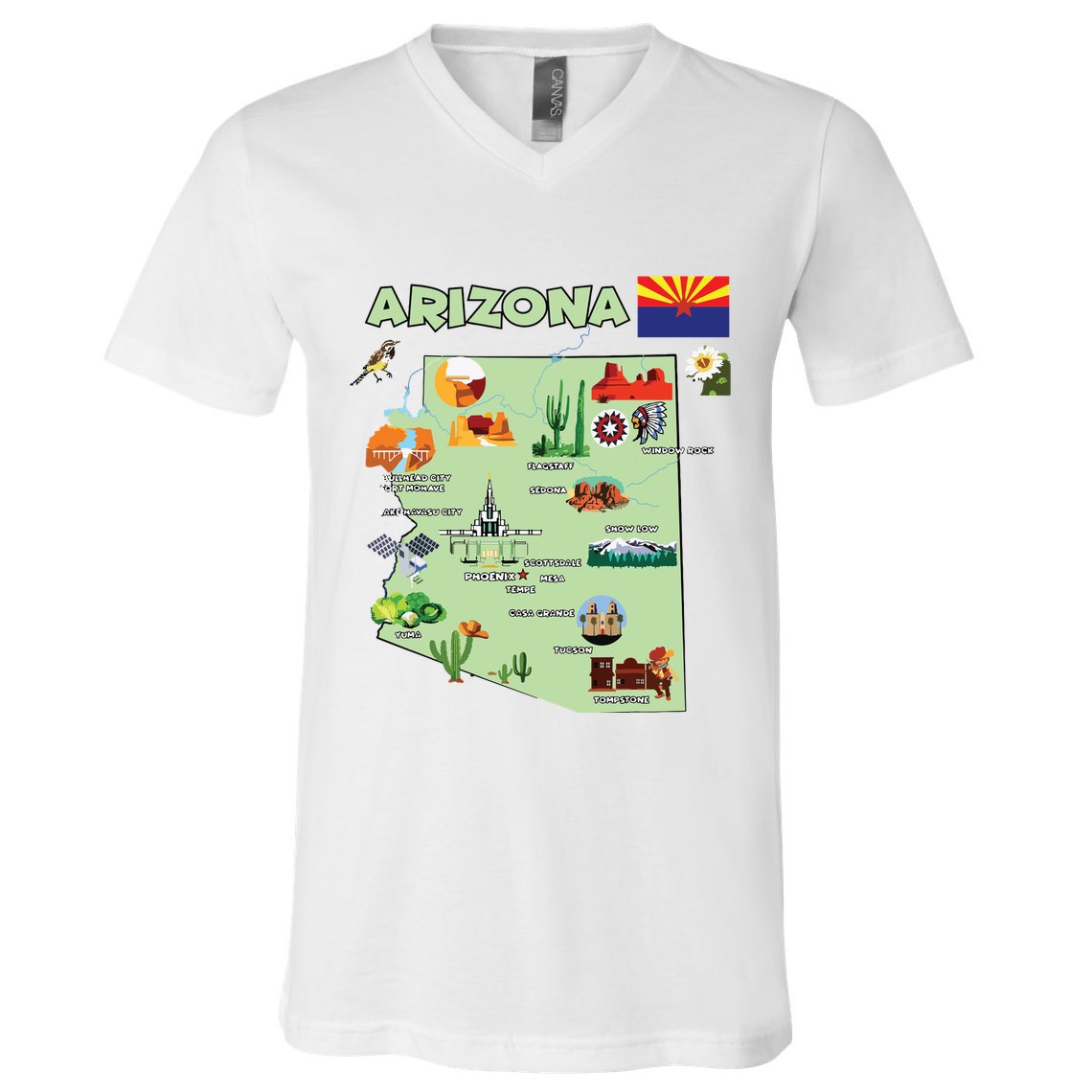 Arizona State Map Us Tourist Attractions Cities Flag V-Neck T-Shirt