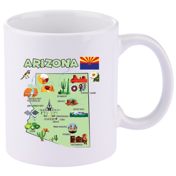 Arizona State Map Us Tourist Attractions Cities Flag 11oz C Handle Ceramic Mug