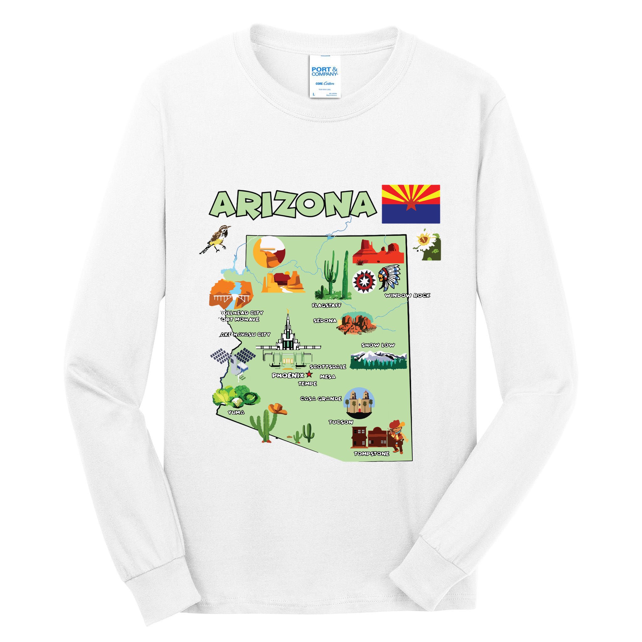 Arizona State Map Us Tourist Attractions Cities Flag Tall Long Sleeve T-Shirt