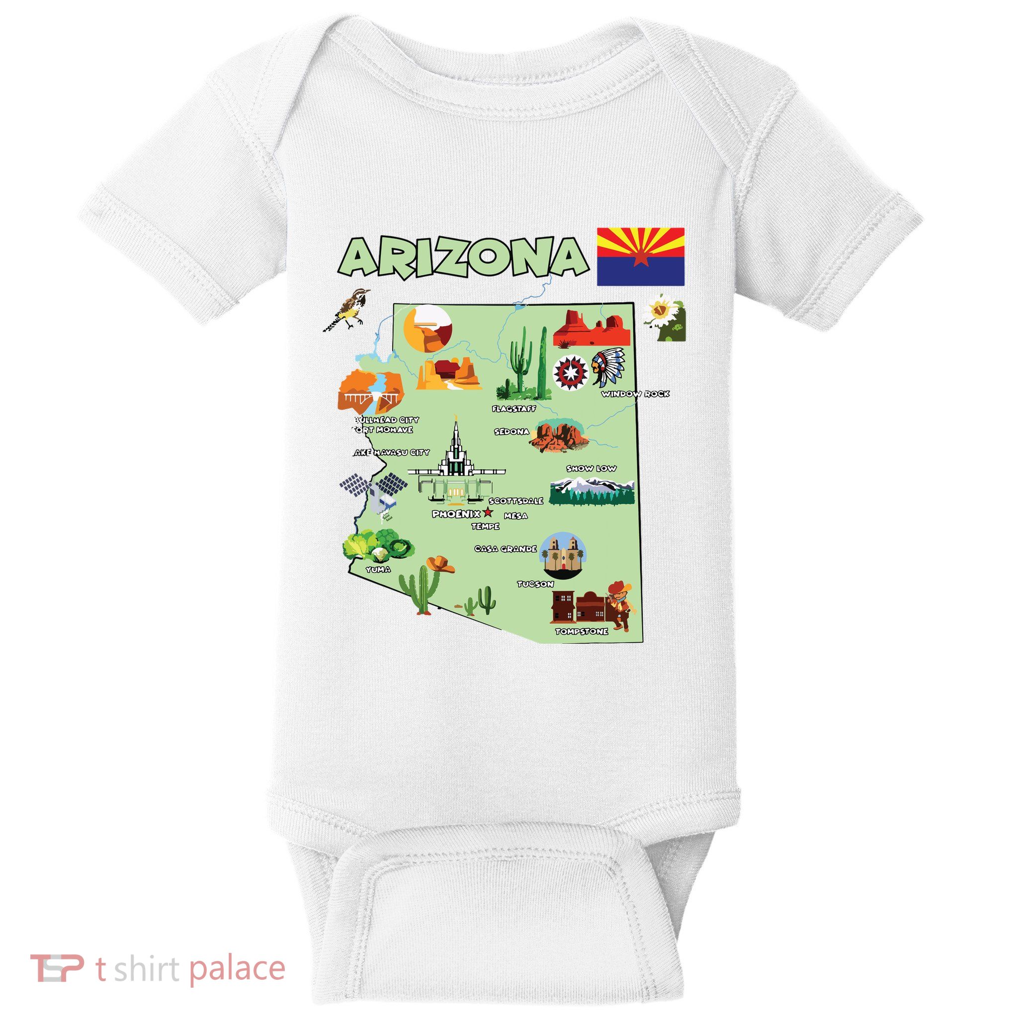 Arizona State Map Us Tourist Attractions Cities Flag Baby Bodysuit