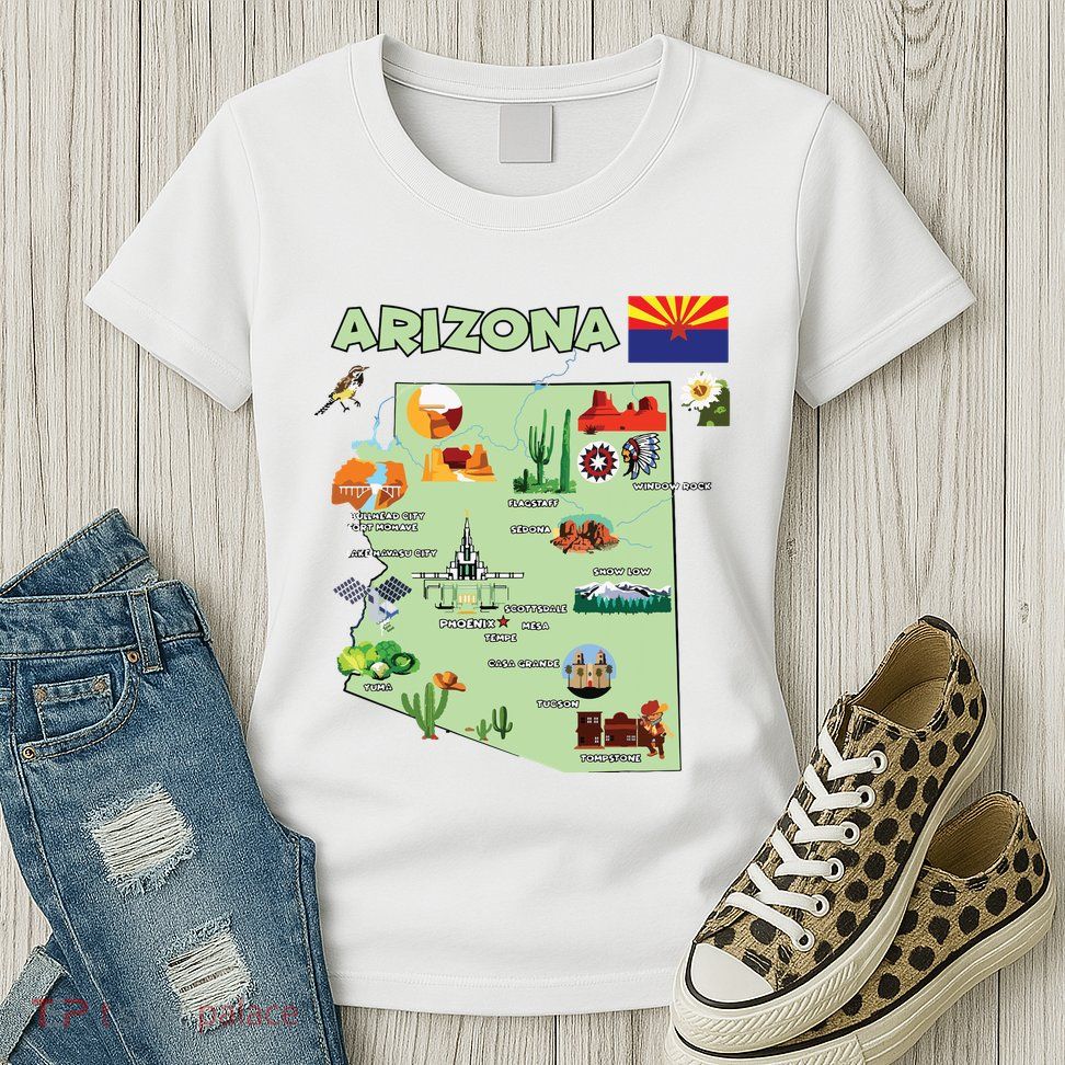 Arizona State Map Us Tourist Attractions Cities Flag Womens T-Shirt