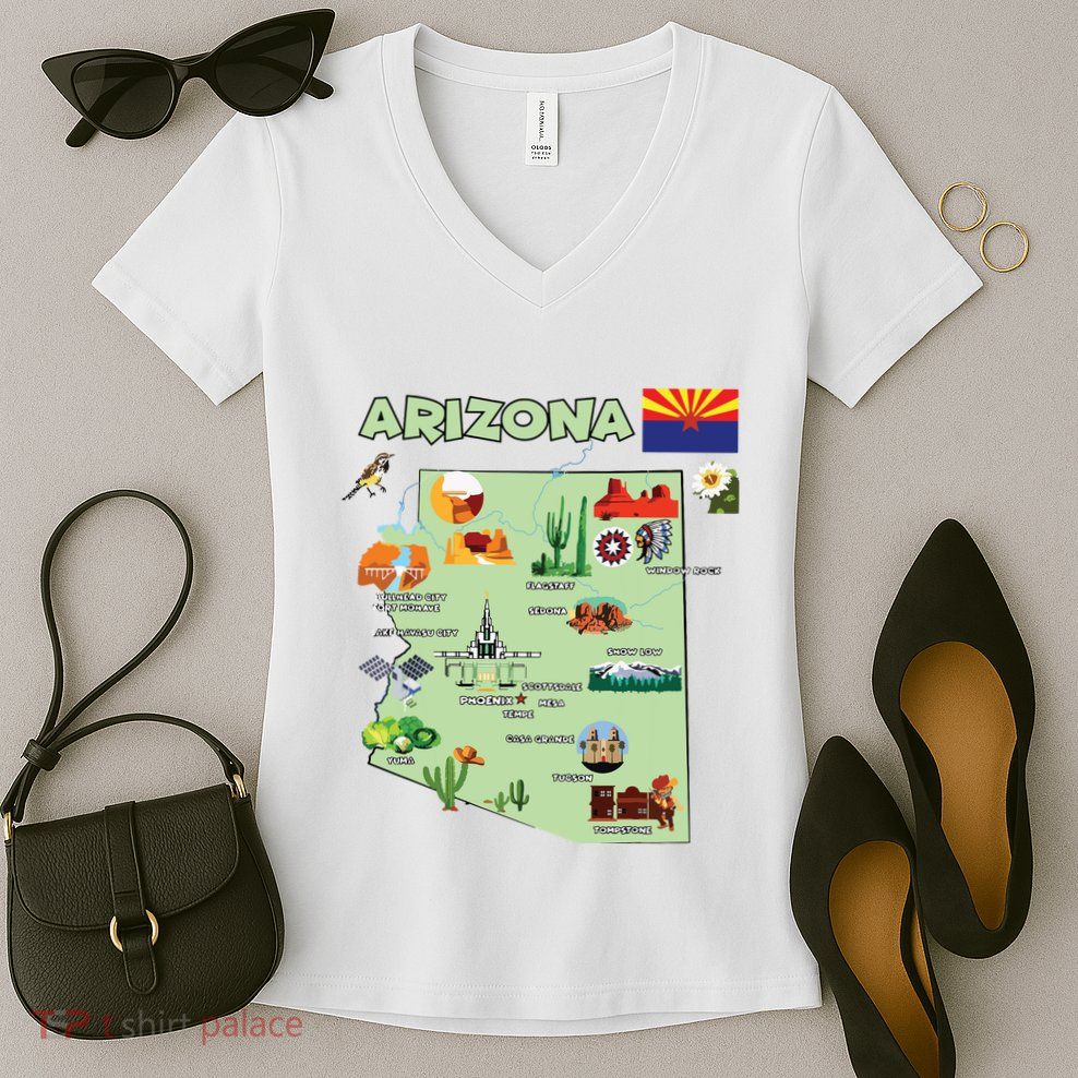 Arizona State Map Us Tourist Attractions Cities Flag Women's V-Neck T-Shirt