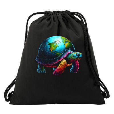 Art Save Our Planet Turtle Globe Graphic On Shell Earth Day Gift Drawstring Bag