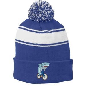 A Shark On A Bike Is A Fitness Beast Gift Stripe Pom Pom Beanie