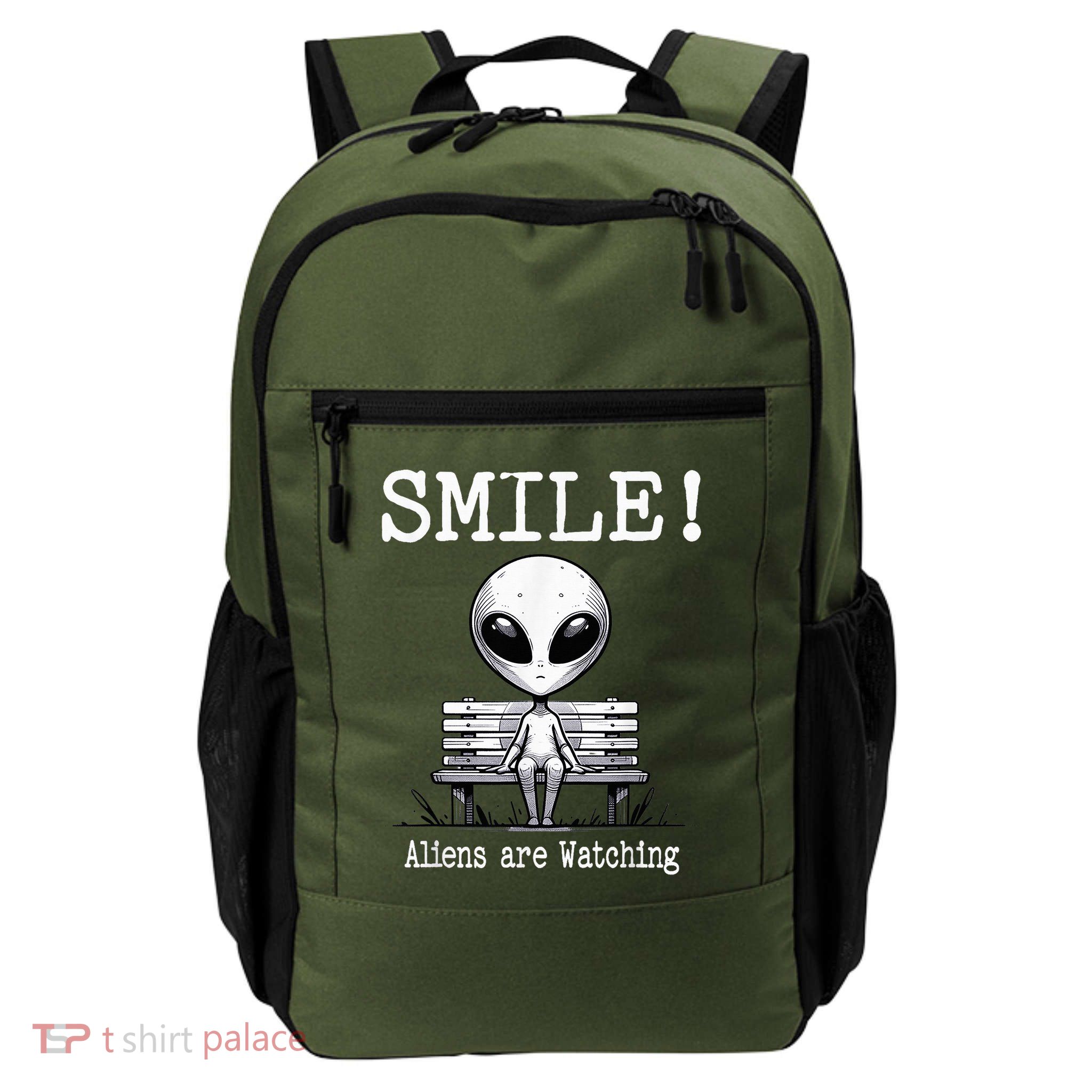 Alien Sitting On Bench Smile Aliens Are Watching Daily Commute Backpack
