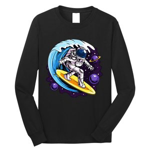 Astronauts Surf On A Surfboard In Space With Stars Planets Long Sleeve Shirt