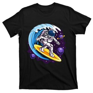 Astronauts Surf On A Surfboard In Space With Stars Planets T-Shirt