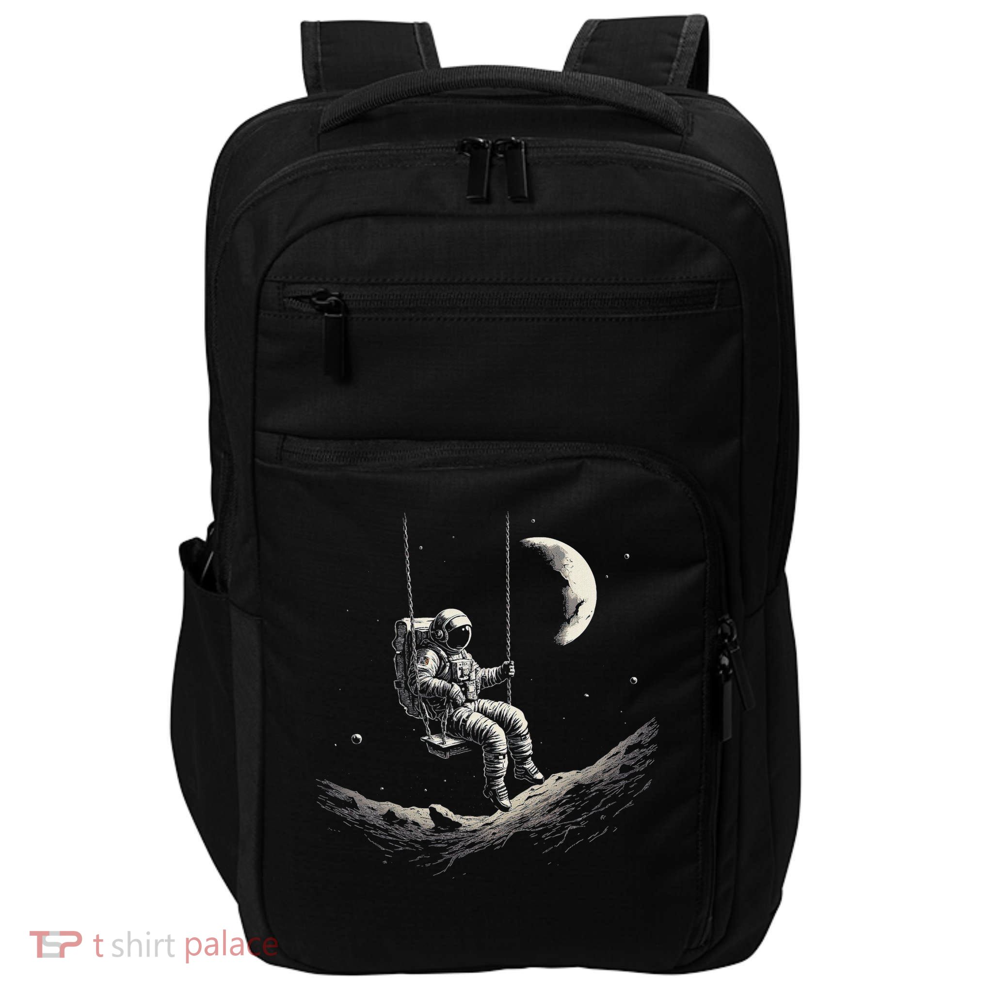 Astronaut Sitting On Swing In Space Stars And Moon Impact Tech Backpack