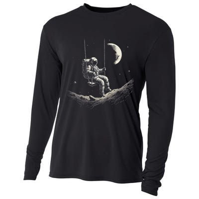 Astronaut Sitting On Swing In Space Stars And Moon Cooling Performance Long Sleeve Crew