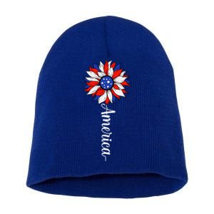 America Sunflower Patriotic 4th Of July Independence Day Gift Short Acrylic Beanie