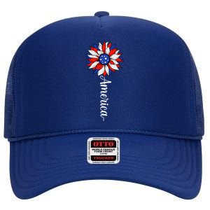 America Sunflower Patriotic 4th Of July Independence Day Gift High Crown Mesh Back Trucker Hat