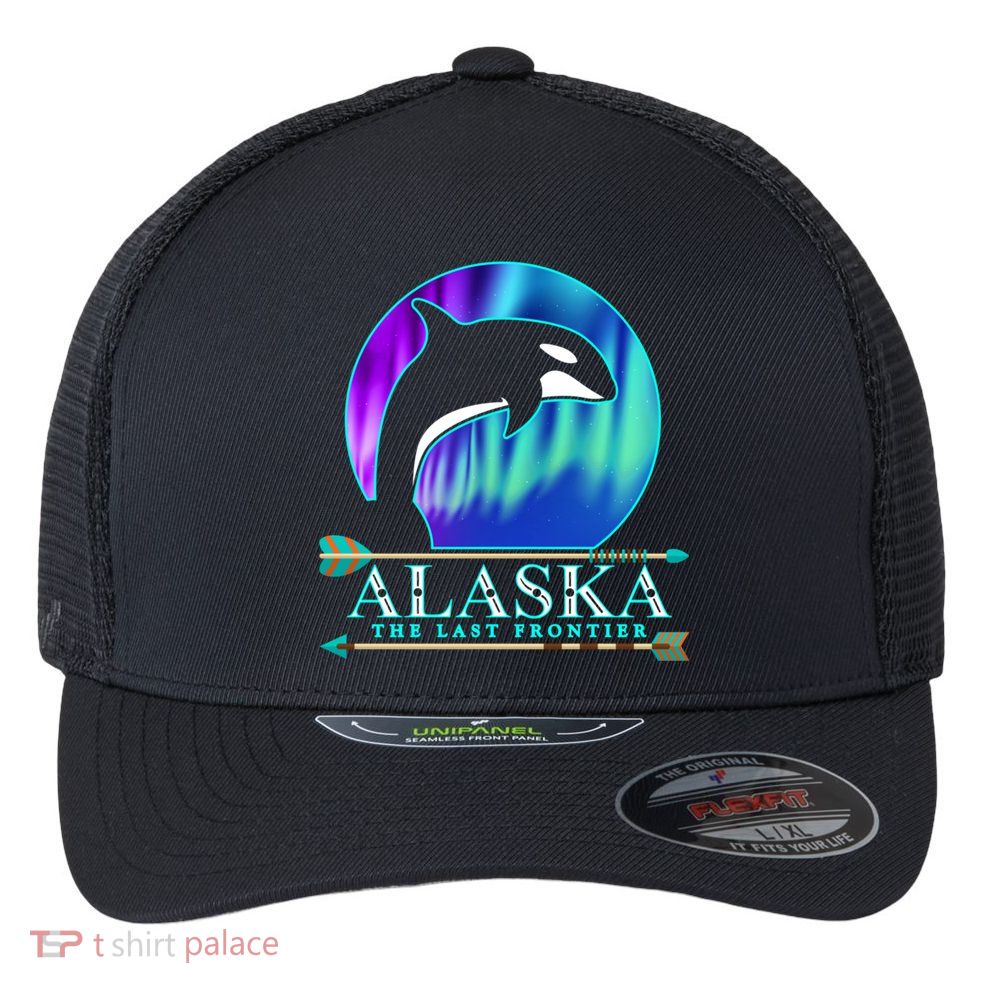 Alaska State Pride Alaska Northern Lights Alaskan Orca Whale Flexfit Unipanel Trucker Cap