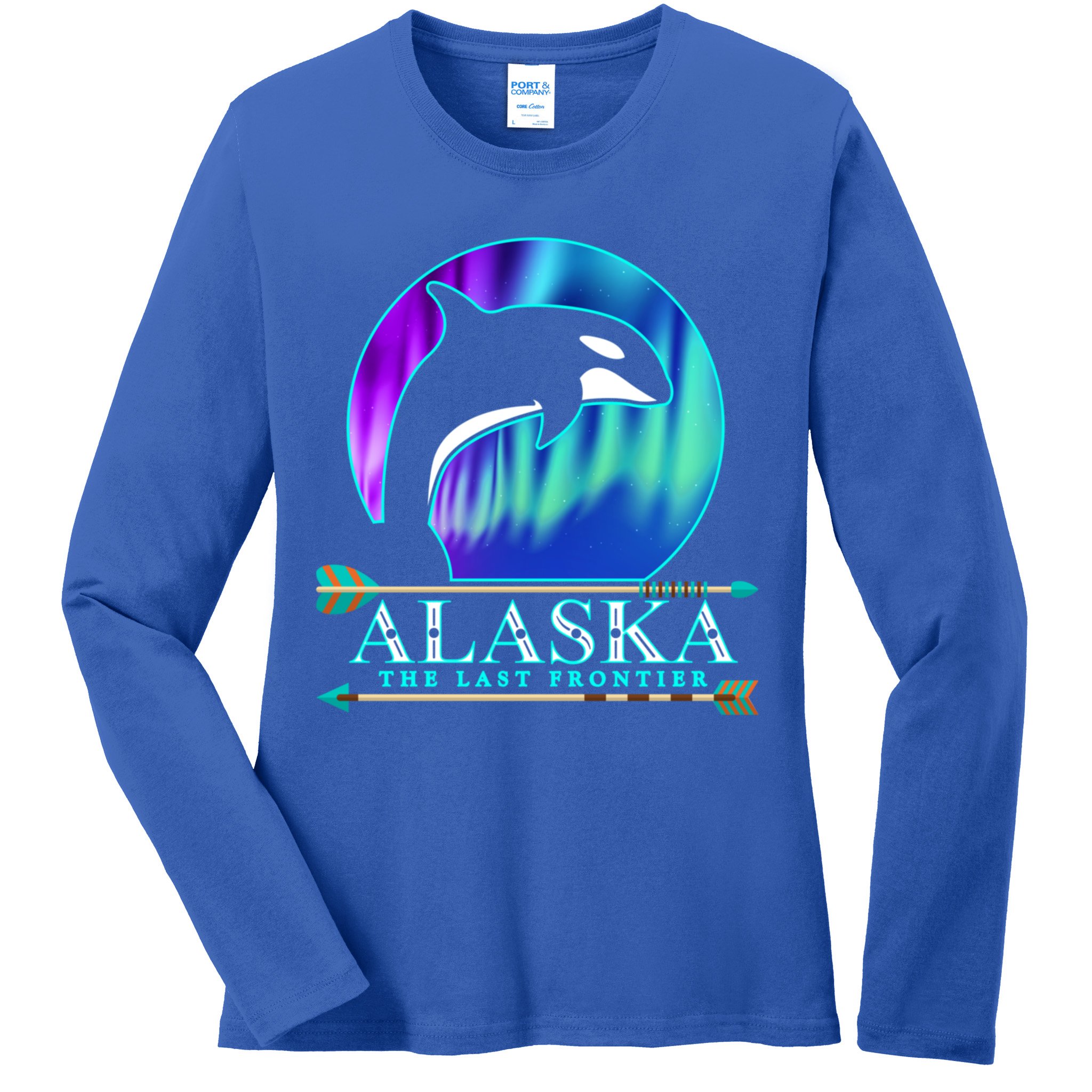 Alaska State Pride Alaska Northern Lights Alaskan Orca Whale Ladies Long Sleeve Shirt