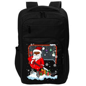 Afro Santa Playing Hockey Xmas Black Afro Hockey Player Gift Impact Tech Backpack