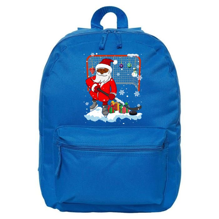 Afro Santa Playing Hockey Xmas Black Afro Hockey Player Gift 16 in Basic Backpack