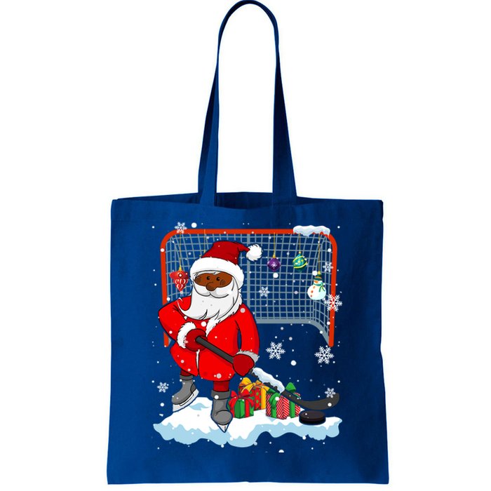 Afro Santa Playing Hockey Xmas Black Afro Hockey Player Gift Tote Bag