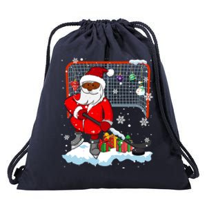 Afro Santa Playing Hockey Xmas Black Afro Hockey Player Gift Drawstring Bag