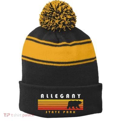Allegany State Park Camping New York Bear Retro Stripe Pom Pom Beanie