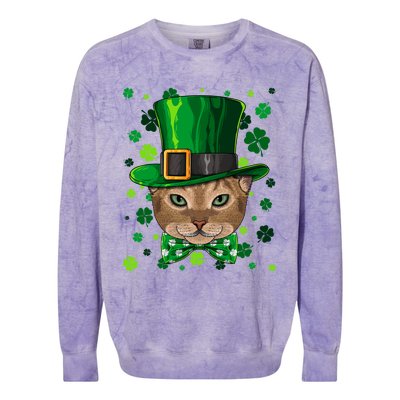 Abyssinian St Patricks Day Cat Leprechaun Hat Shamrock Funny Gift Colorblast Crewneck Sweatshirt