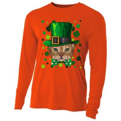 Abyssinian St Patricks Day Cat Leprechaun Hat Shamrock Funny Gift Cooling Performance Long Sleeve Crew