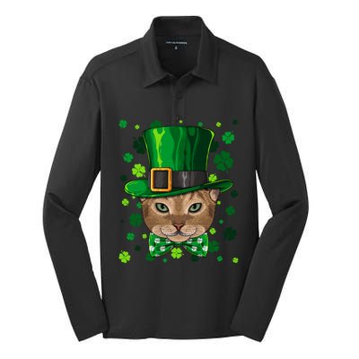 Abyssinian St Patricks Day Cat Leprechaun Hat Shamrock Funny Gift Silk Touch Performance Long Sleeve Polo