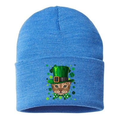 Abyssinian St Patricks Day Cat Leprechaun Hat Shamrock Funny Gift Sustainable Knit Beanie