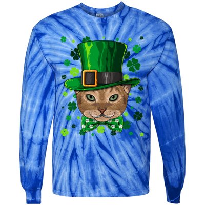 Abyssinian St Patricks Day Cat Leprechaun Hat Shamrock Funny Gift Tie-Dye Long Sleeve Shirt