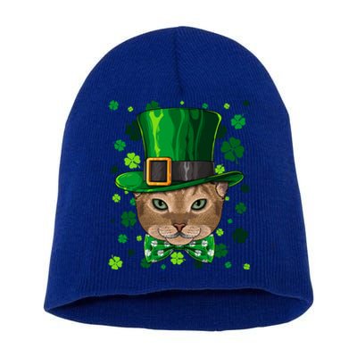 Abyssinian St Patricks Day Cat Leprechaun Hat Shamrock Funny Gift Short Acrylic Beanie