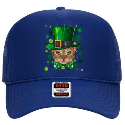 Abyssinian St Patricks Day Cat Leprechaun Hat Shamrock Funny Gift High Crown Mesh Back Trucker Hat