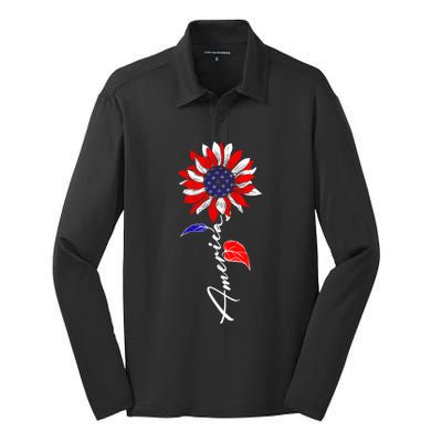 America Sunflower Patriotic Graphic 4th Of July Gift Silk Touch Performance Long Sleeve Polo