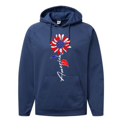 America Sunflower Patriotic Graphic 4th Of July Gift Performance Fleece Hoodie