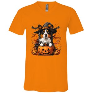 Australian Shepherd Pumpkin Halloween Thanksgiving V-Neck T-Shirt