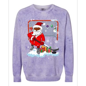 Afro Santa Playing Hockey Xmas Black Afro Hockey Player Gift Colorblast Crewneck Sweatshirt