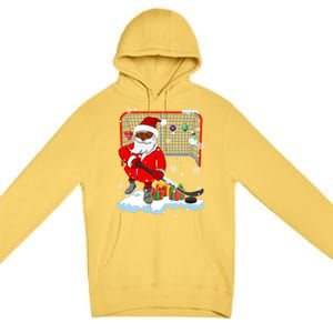 Afro Santa Playing Hockey Xmas Black Afro Hockey Player Gift Premium Pullover Hoodie