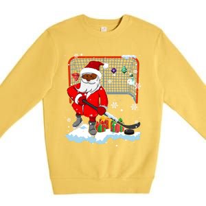 Afro Santa Playing Hockey Xmas Black Afro Hockey Player Gift Premium Crewneck Sweatshirt