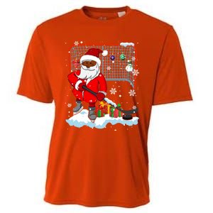 Afro Santa Playing Hockey Xmas Black Afro Hockey Player Gift Cooling Performance Crew T-Shirt