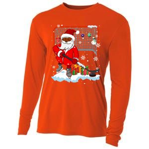 Afro Santa Playing Hockey Xmas Black Afro Hockey Player Gift Cooling Performance Long Sleeve Crew