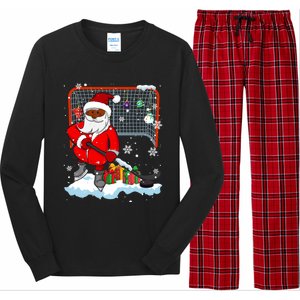 Afro Santa Playing Hockey Xmas Black Afro Hockey Player Gift Long Sleeve Pajama Set