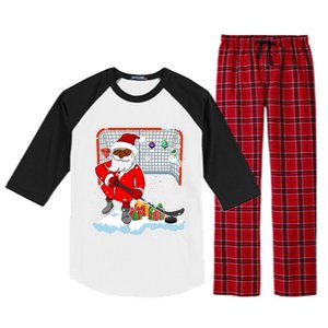 Afro Santa Playing Hockey Xmas Black Afro Hockey Player Gift Raglan Sleeve Pajama Set