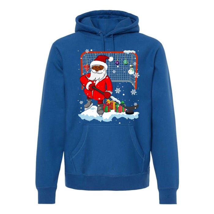 Afro Santa Playing Hockey Xmas Black Afro Hockey Player Gift Premium Hoodie