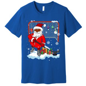 Afro Santa Playing Hockey Xmas Black Afro Hockey Player Gift Premium T-Shirt