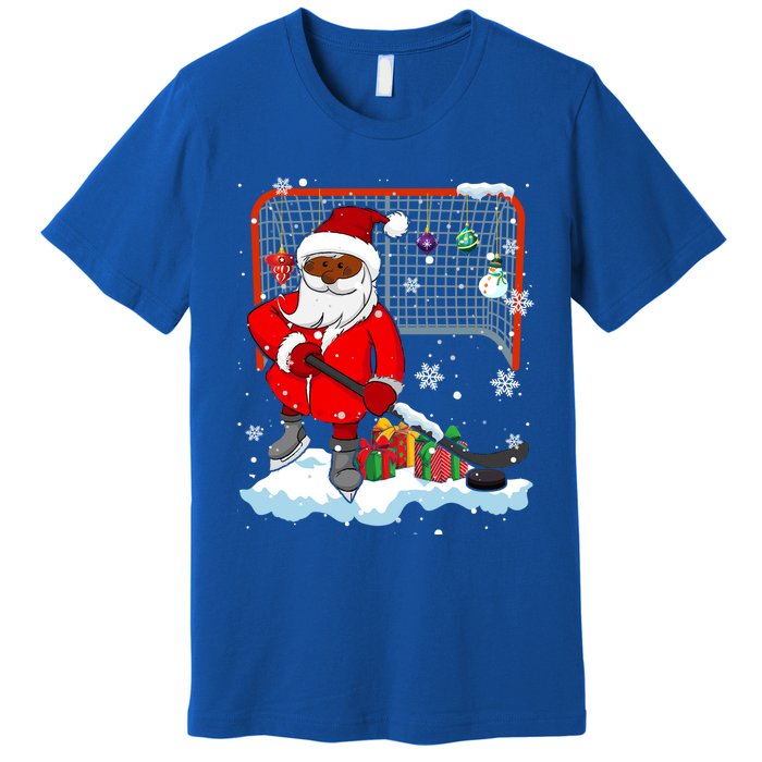 Afro Santa Playing Hockey Xmas Black Afro Hockey Player Gift Premium T-Shirt