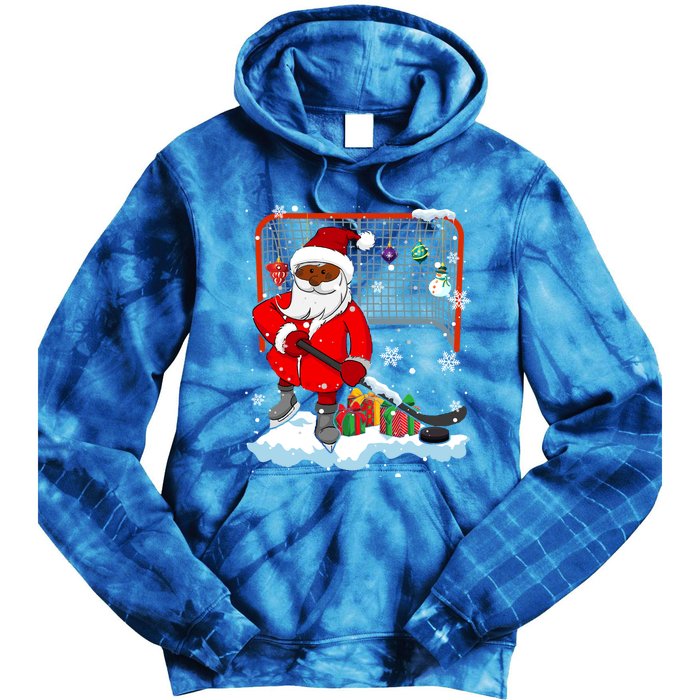 Afro Santa Playing Hockey Xmas Black Afro Hockey Player Gift Tie Dye Hoodie