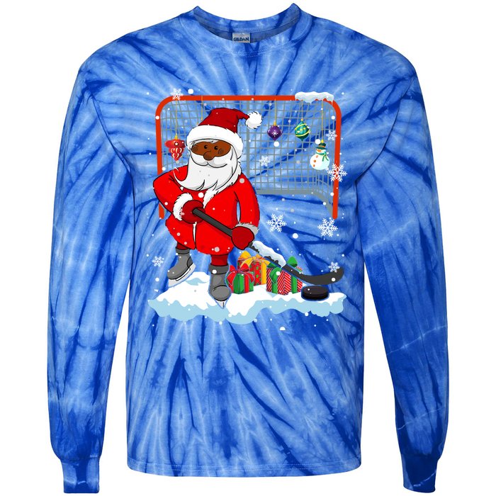 Afro Santa Playing Hockey Xmas Black Afro Hockey Player Gift Tie-Dye Long Sleeve Shirt