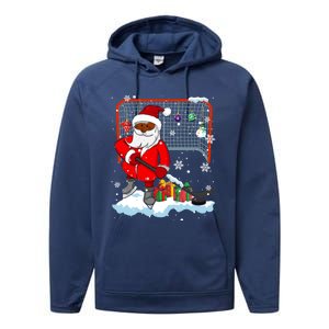 Afro Santa Playing Hockey Xmas Black Afro Hockey Player Gift Performance Fleece Hoodie