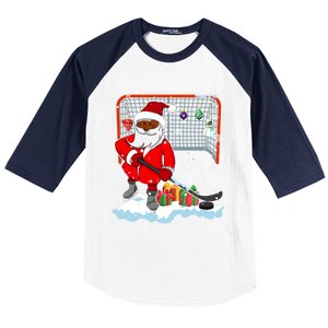 Afro Santa Playing Hockey Xmas Black Afro Hockey Player Gift Baseball Sleeve Shirt