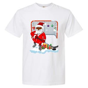 Afro Santa Playing Hockey Xmas Black Afro Hockey Player Gift Garment-Dyed Heavyweight T-Shirt